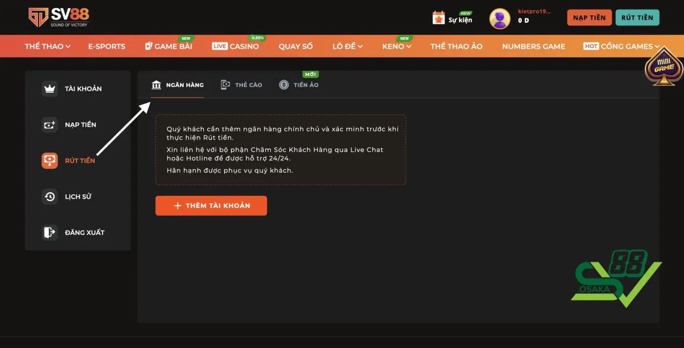 Hướng dẫn quy trình rút tiền SV88 qua Ngân hàng