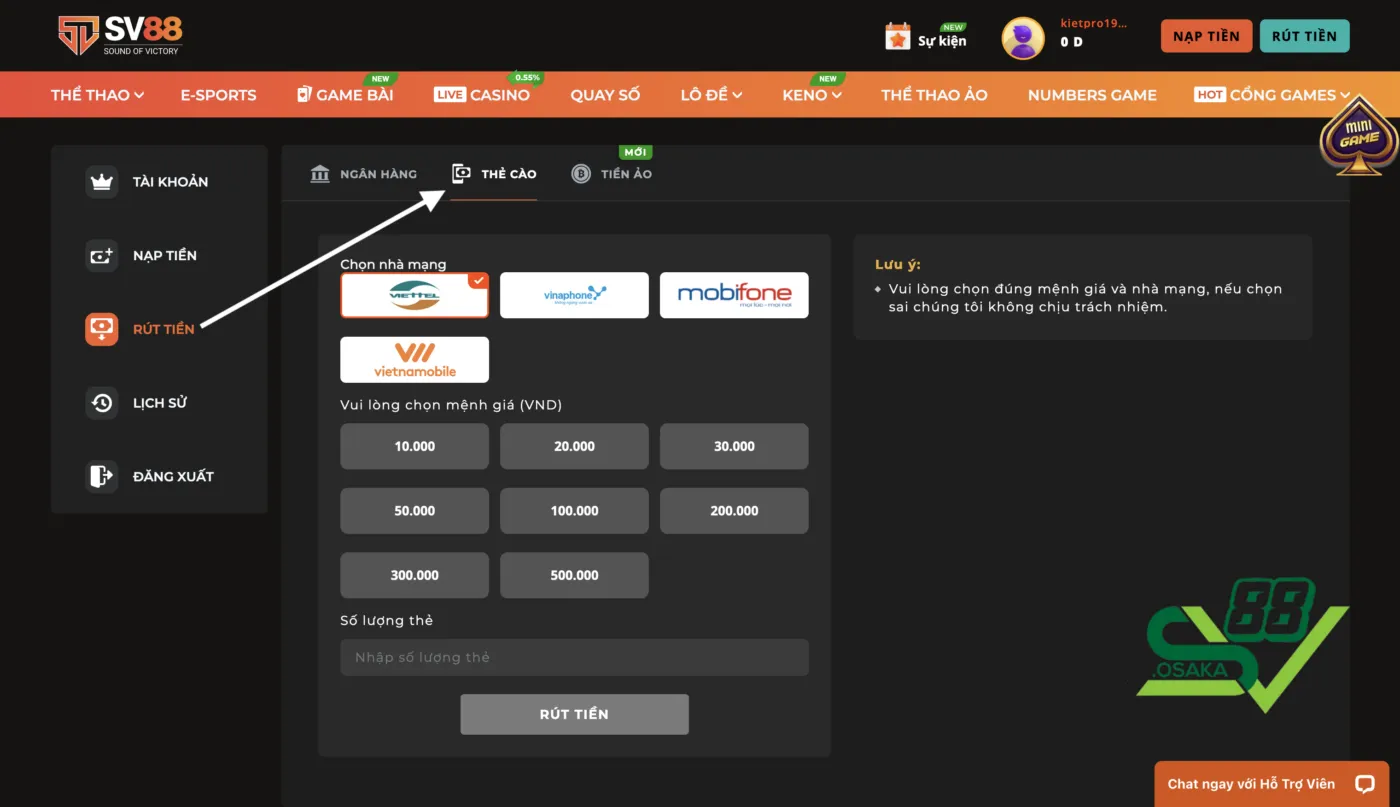 Hướng dẫn quy trình rút tiền SV88 qua Thẻ cào