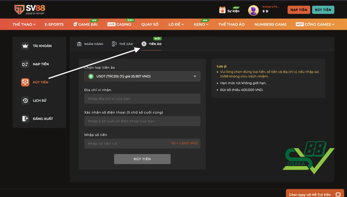 Rút tiền SV88 qua ví tiền ảo
